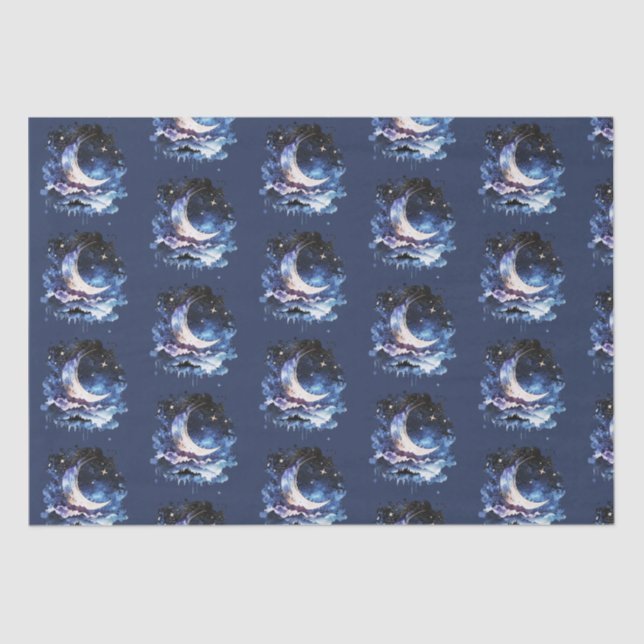 Crescent Moon Stars Celestial Blue Halloween Seidenpapier (Vorderseite)