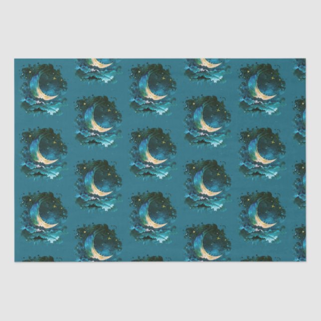 Crescent Moon Stars Celestial Blue Halloween Seidenpapier (Vorderseite)