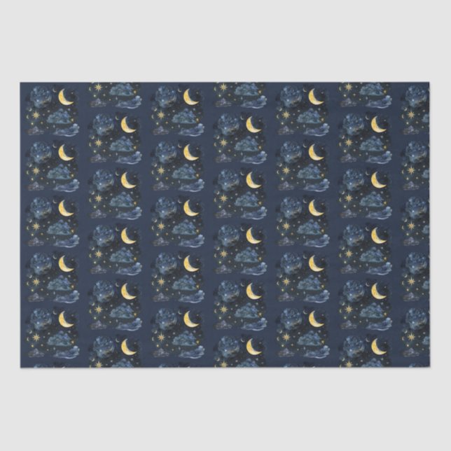 Crescent Moon Stars Celestial Blue Halloween Seidenpapier (Vorderseite)