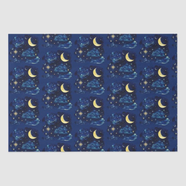 Crescent Moon Stars Celestial Blue Halloween Seidenpapier (Vorderseite)