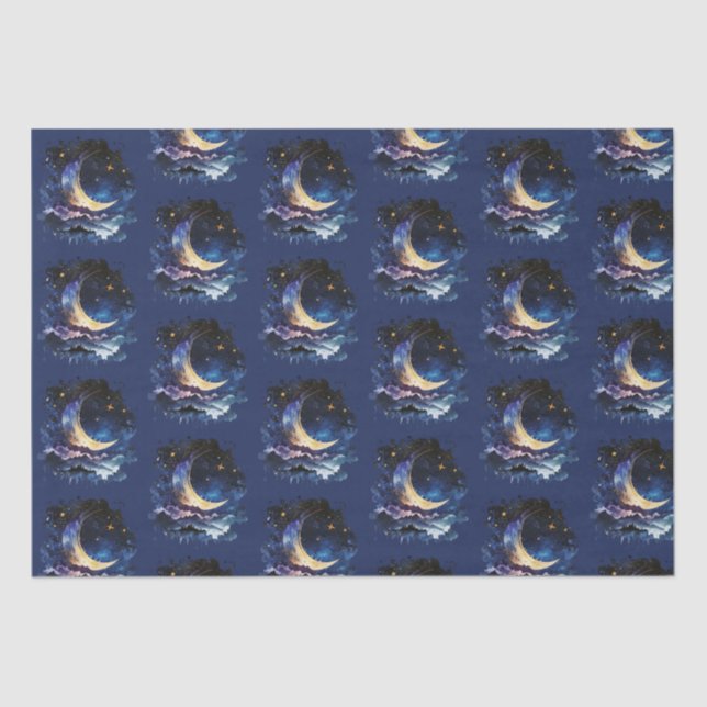 Crescent Moon Stars Celestial Blue Halloween Seidenpapier (Vorderseite)