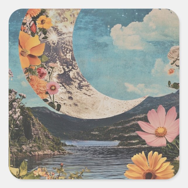 Crescent Moon über serene Landschaft Quadratischer Aufkleber (Vorderseite)