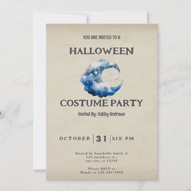 Crescent Moon Wolken und Sterne Vintag Halloween Einladung (Vorderseite)
