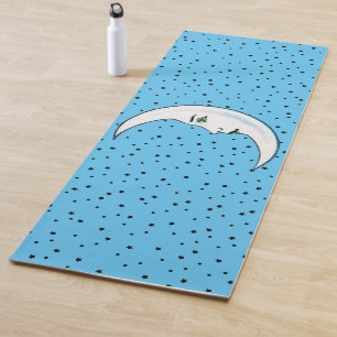 Crescent White Moon Face Black Pips Stars auf Blue Yogamatte