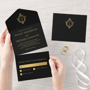 Crest Black Falschgold Elegante Hochzeitsmonogramm All In One Einladung
