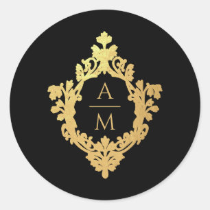 Crest Black Faux Gold Elegant Monogramm 2 Initiale Runder Aufkleber