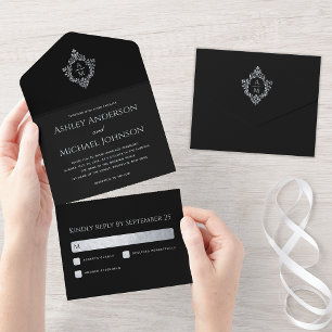 Crest Black Vintage Hochzeitsmonogramm und RSVP All In One Einladung