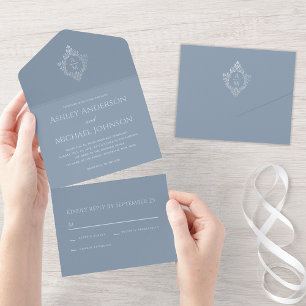 Crest Dusty Blue Vintage Hochzeits-Monogramm und R All In One Einladung