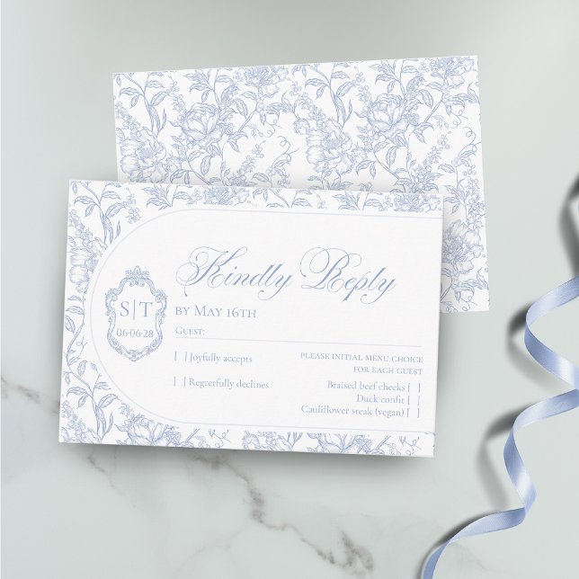 Crest Monogram Blue and White Floral Script RSVP Karte (Von Creator hochgeladen)