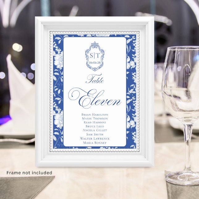 Crest Monogram Blue Floral Script Eleven 8 Names Tischnummer (Von Creator hochgeladen)