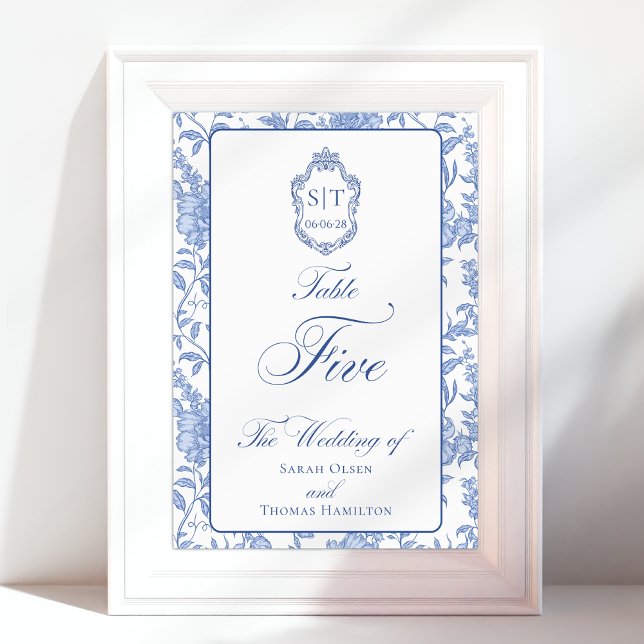 Crest Monogram Blue Floral Script Five Tischnummer (Von Creator hochgeladen)