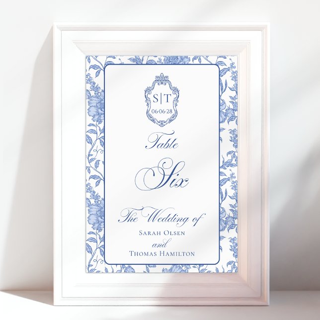 Crest Monogram Blue Floral Script Six Tischnummer (Von Creator hochgeladen)