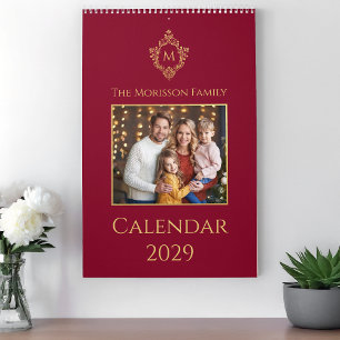 Crest Monogram Burgund Gold Vintage Familienfoto Kalender