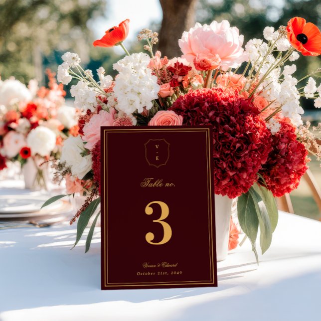 Crest Monogram Burgundy Gold Wedding Table Number Einladung (Von Creator hochgeladen)