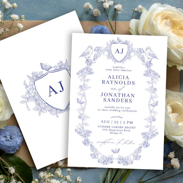 Crest monogram classic blue toile de jouy wedding einladung (Von Creator hochgeladen)
