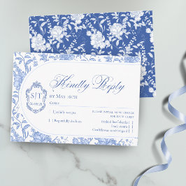 Crest Monogram Delft Blue Floral Script RSVP Karte