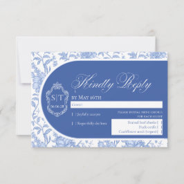 Crest Monogram Delft Blue Floral Script RSVP Karte