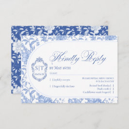 Crest Monogram Delft Blue Floral Script RSVP Karte