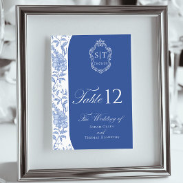 Crest Monogram Delft Blue Floral Script Tischnummer