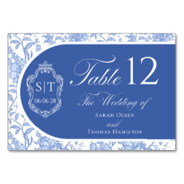 Crest Monogram Delft Blue Floral Script Tischnummer