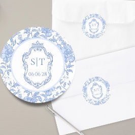 Crest Monogram Delft Blue Floral Wedding Runder Aufkleber
