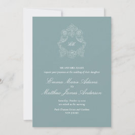 Crest Monogram Logo Dusty Blue Wedding Einladung