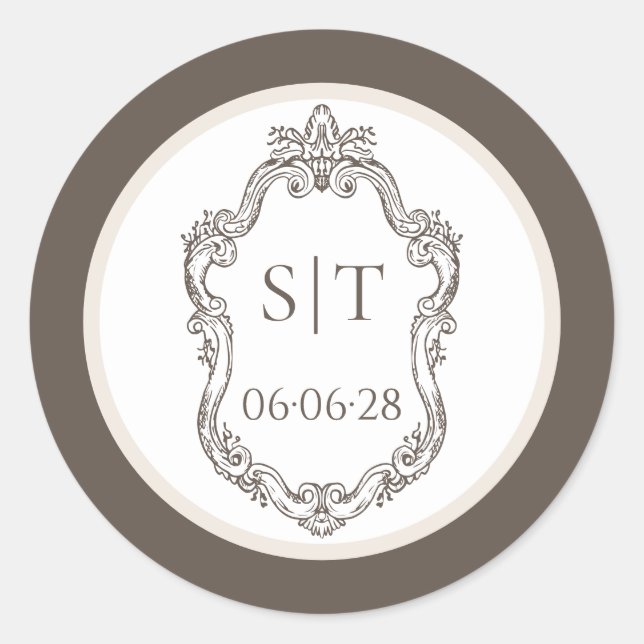 Crest Monogram Mocha- und Creme-Hochzeit Runder Aufkleber (Vorderseite)