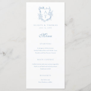 Crest Monogram Staubblau Hochzeit Menükarte