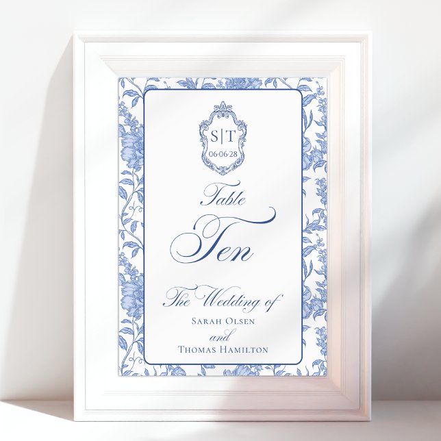 Crest-Monogramm Blaues Blumen-Script TEN Tischnummer (Von Creator hochgeladen)