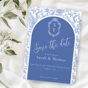 Crest-Monogramm Delft-Blau Florales Schriftbild Save The Date