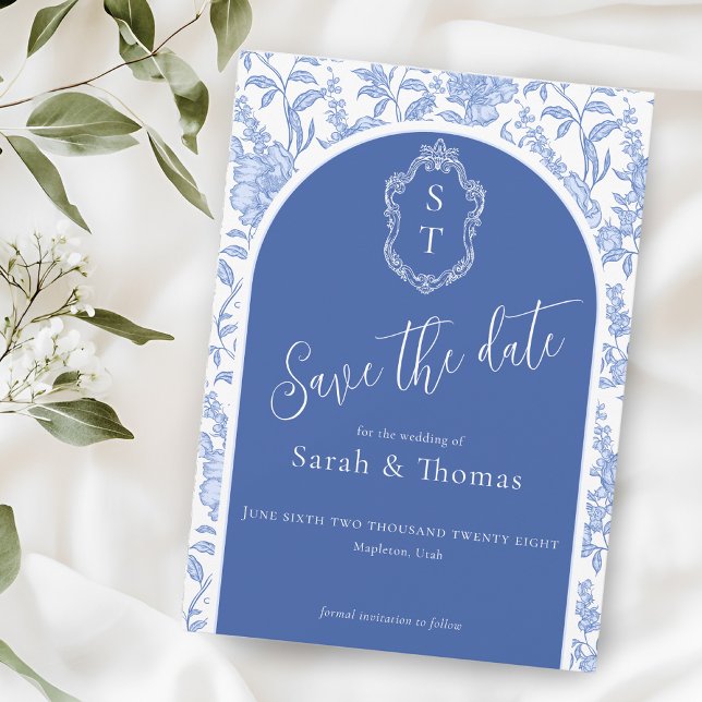 Crest-Monogramm Delft-Blau Florales Schriftbild Save The Date (Von Creator hochgeladen)