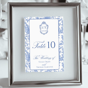 Crest-Monogramm Delft-Blau Florales Schriftbild Tischnummer
