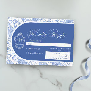 Crest-Monogramm Delft Blau Florales Skript RSVP Karte