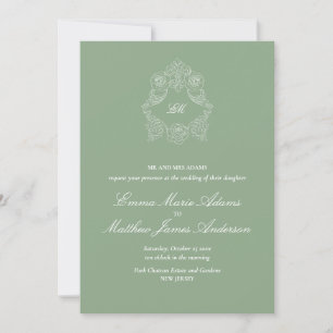 Crest-Monogramm-Logo Salbeigrüne Hochzeit Einladung