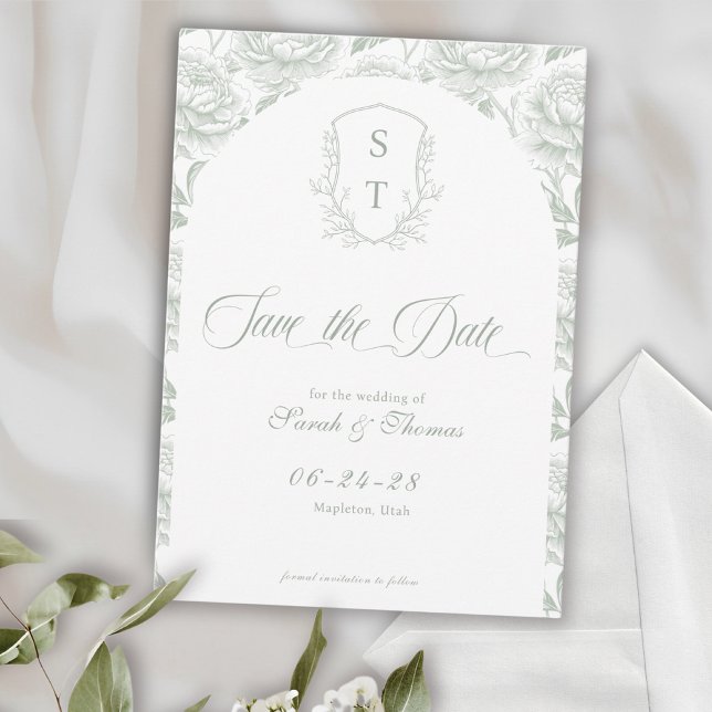 Crest-Monogramm Schrift in Salbeigrün Save The Date (Crest Save The Date Formal Card sage green)