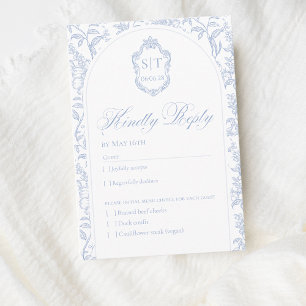 Crest-Monogramm Soft Delft Blau Florales Skript RSVP Karte