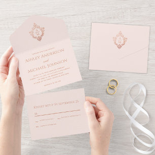 Crest Pink Rose Gold Vintage Hochzeit Monogramm RS All In One Einladung