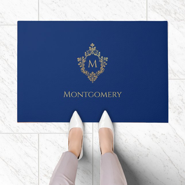 Crest Royal Blau Falschgold Vintage Monogramm Name Fußmatte (Von Creator hochgeladen)