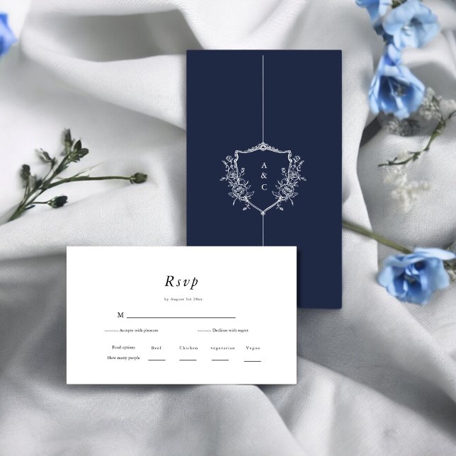 Crested Chic | RSVP für Navy und White Wedding Begleitkarte (crested navy blue and white rsvp card , elegant design )