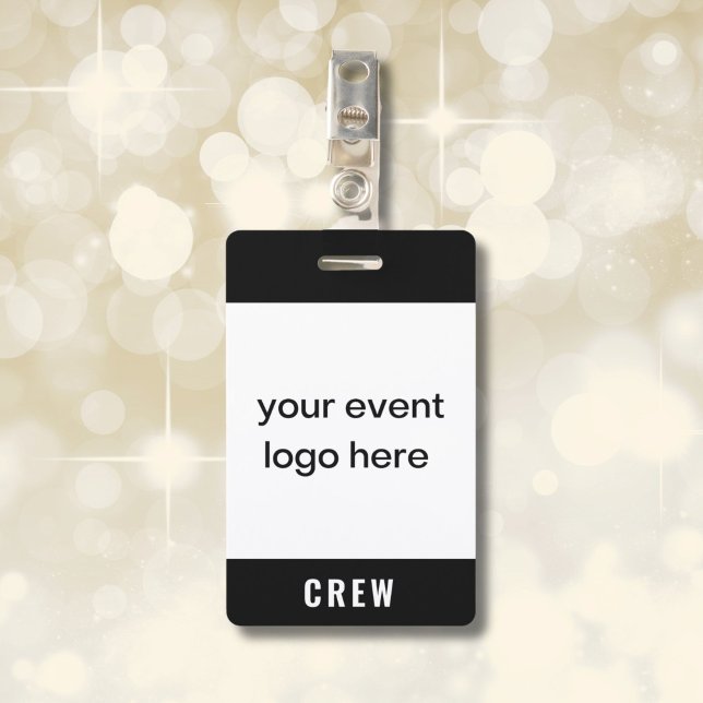 Crew-Mitarbeiter-Eventabzeichen Ausweis (Modern black and white crew badge for special event with logo. Name and date on back.)