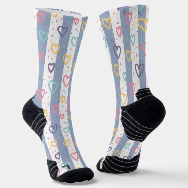 Crew Socken Pink & Weiß gestreift bunte Herzen (Gewinkelt)