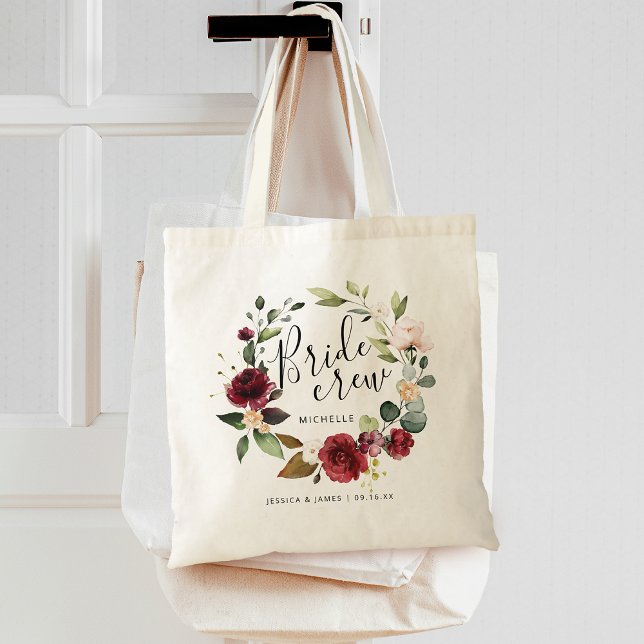 Crew "Watercolor Burgundy Floral Wreath Bridge" Tragetasche (Watercolor Burgundy Floral Wreath Bride Crew Name Tote Bag)