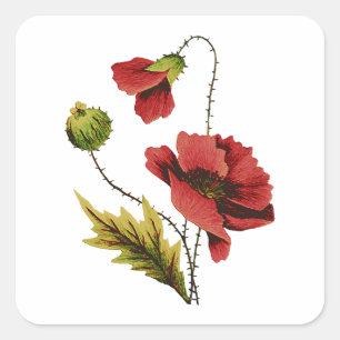 Crewel Embroidery Red Poppy Quadratischer Aufkleber