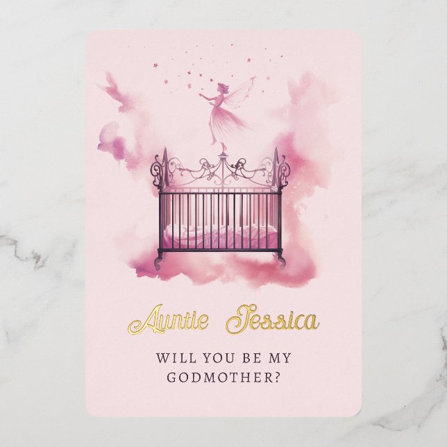 Crib Fairy Watercolor Foto Godmutervorschlag Folieneinladung (Vorderseite)
