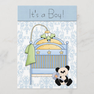 Crib Teddy Bear Blue Damask Baby Dusche Einladung