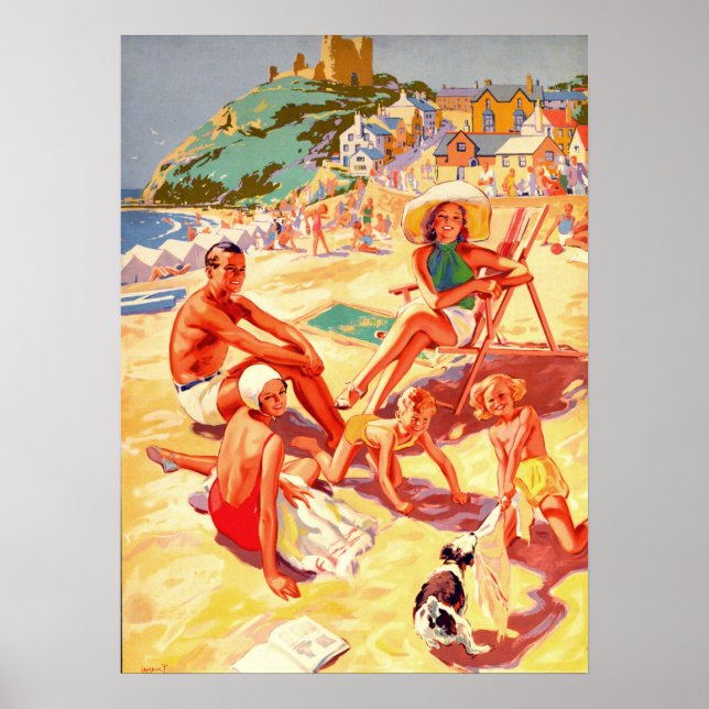 Criccieth Beach, Wales, Familie, Urlaub, Vintag Poster (Vorne)