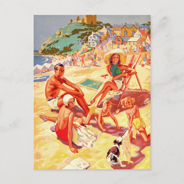 Criccieth Beach, Wales, Familie, Urlaub, Vintag Postkarte (Vorderseite)