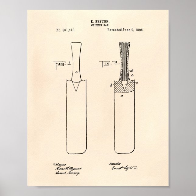 Cricket Bat 1886 Patent Art Old Peper Poster (Vorne)