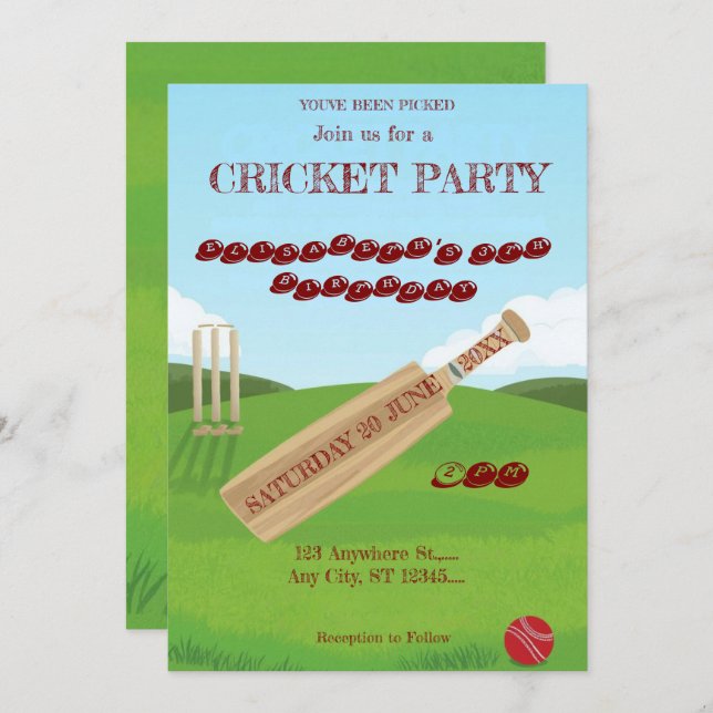 Cricket Birthday Party Sports Invitation Einladung (Vorne/Hinten)