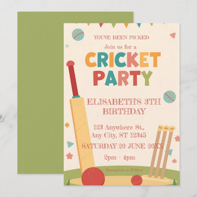 Cricket Birthday Party Sports Invitation Einladung (Vorne/Hinten)